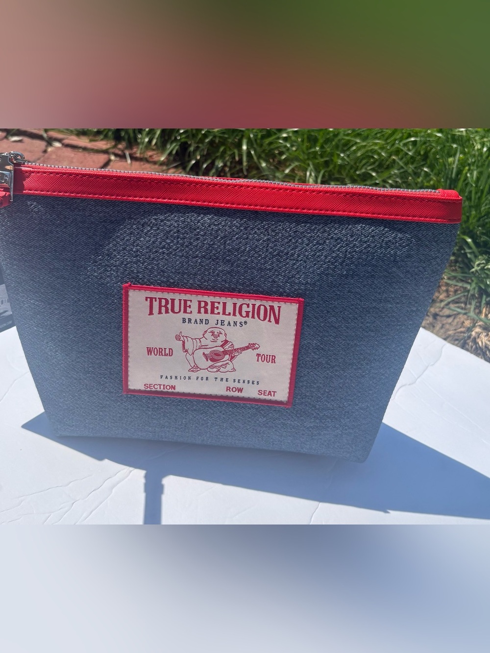 True Religion Blue Denim Toiletry Bag with Red Trim